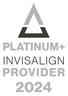 A badge indicating that Dr. Sharon Eder, a platinum plus invisalign provider 2024